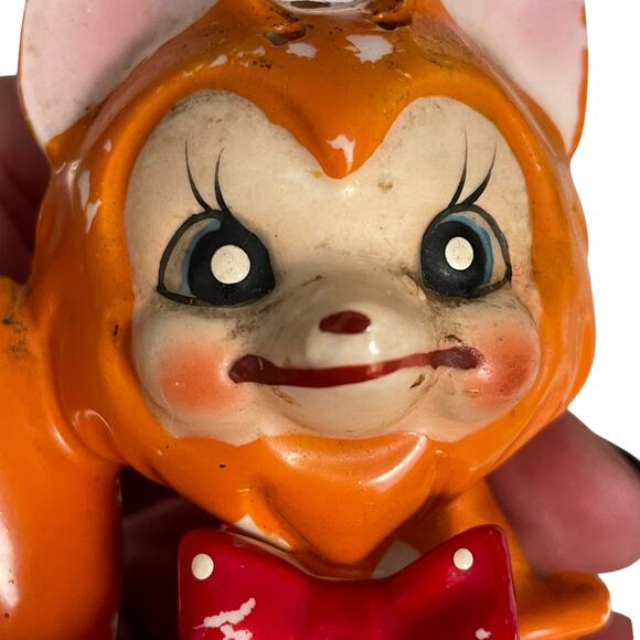 Vintage Elvin Anthropomorphic Fox Salt & Pepper Shakers Orange w/ Red Bow Tie - Picture 14 of 16